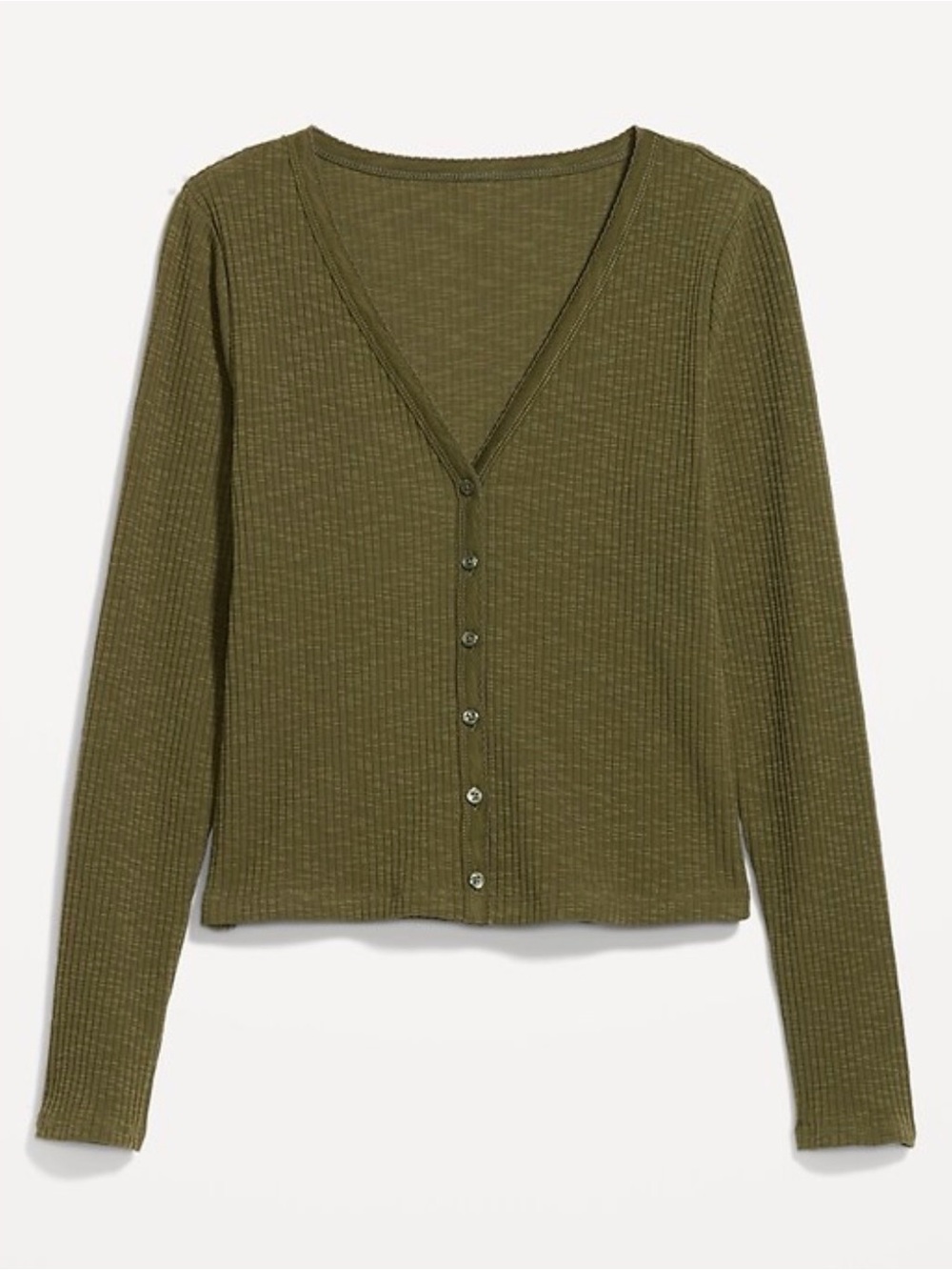 Old Navy Olive Green Ribbed V-Neck Button-Front Long Sleeve Top